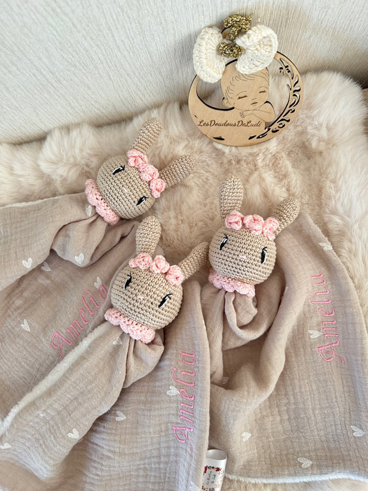 Trio de doudou Valentine la Lapine Personnalisable